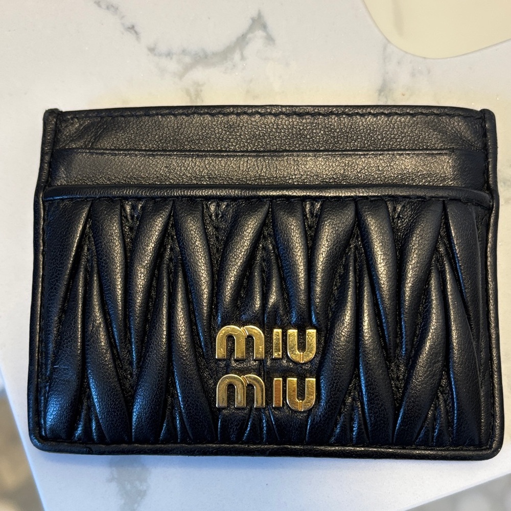 Miu Miu Black Leather Card Holder with Gold Logo